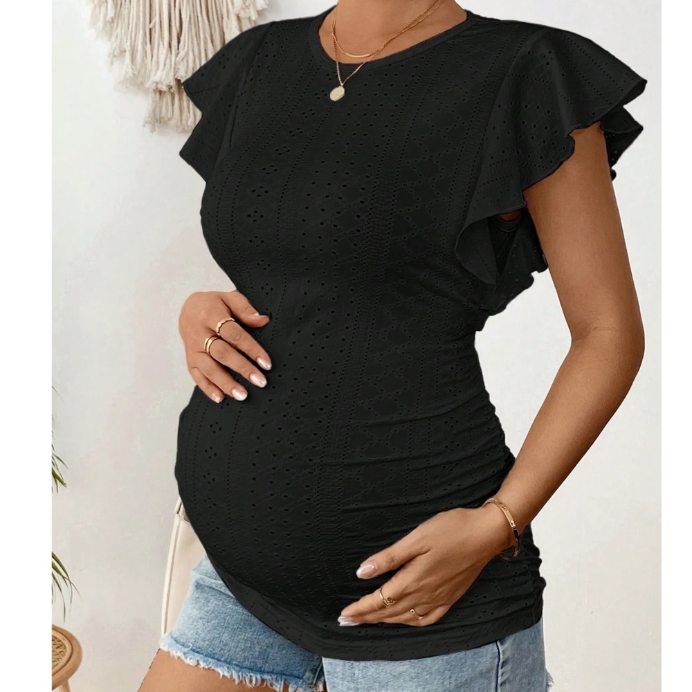 Maternity Eyelet Ruffle Cap Sleeve Stretchy Top - Picture 2 of 6